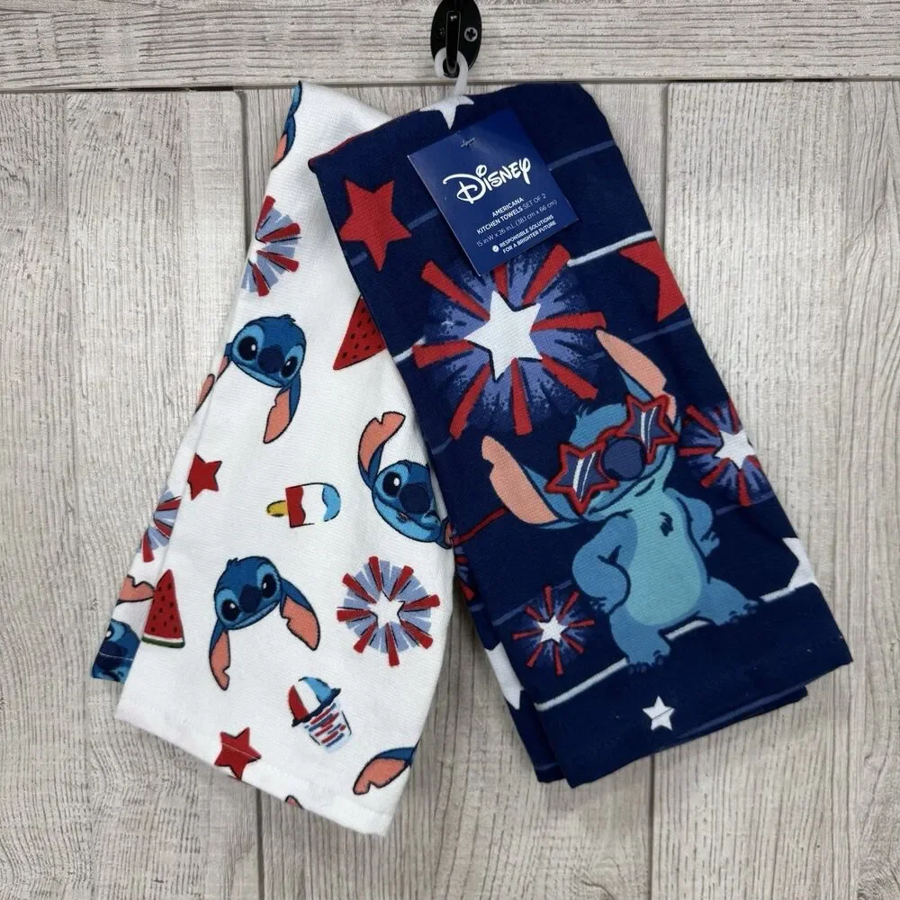 (2) Disney Americana Lilo Stitch American Red White Blue Hand Towels 25”x16” New
